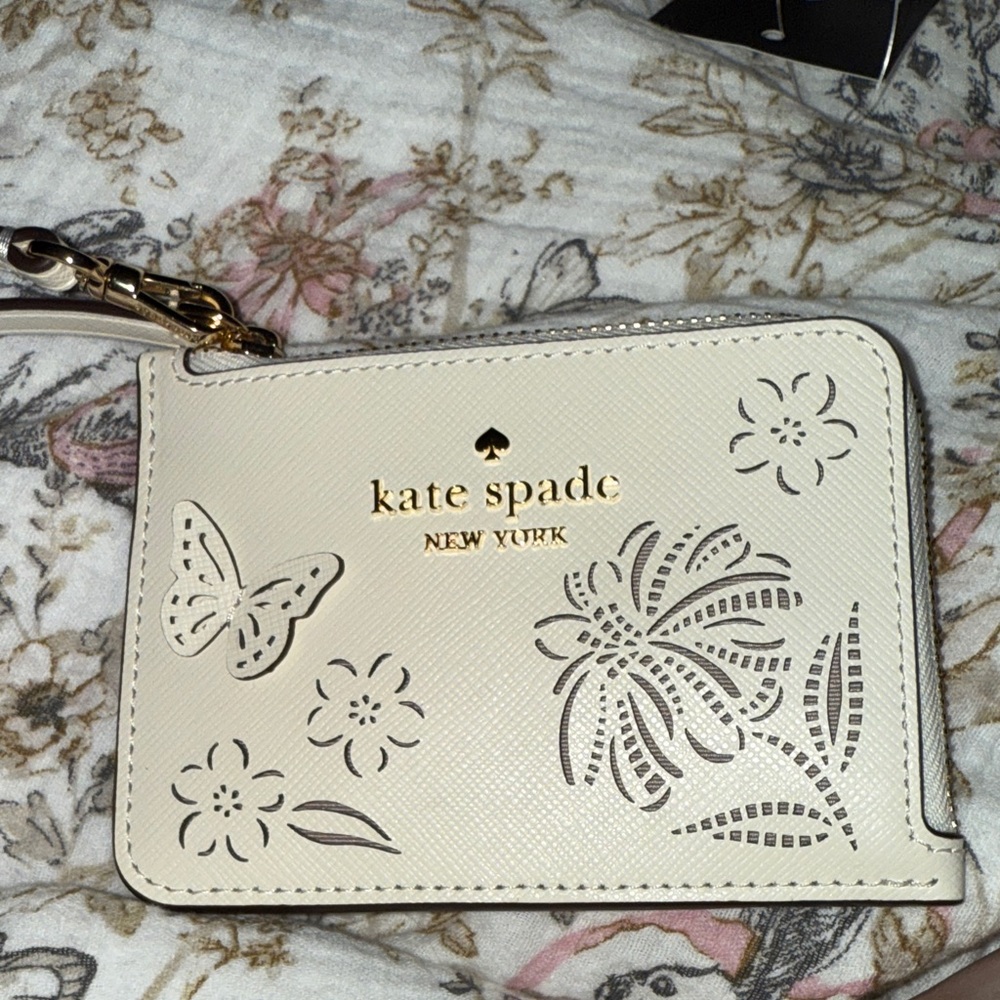 Kate Spade Cream Satchel with Floral and Butterfly Cutouts included cardholder - Picture 3 of 7